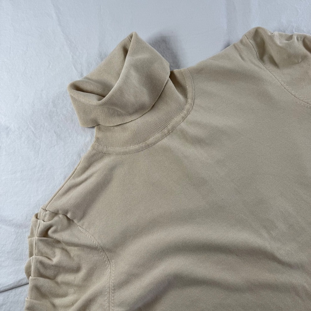 Per Se Women's Medium Tan Ruched Short Sleeve Silk Blend Turtleneck Sweater